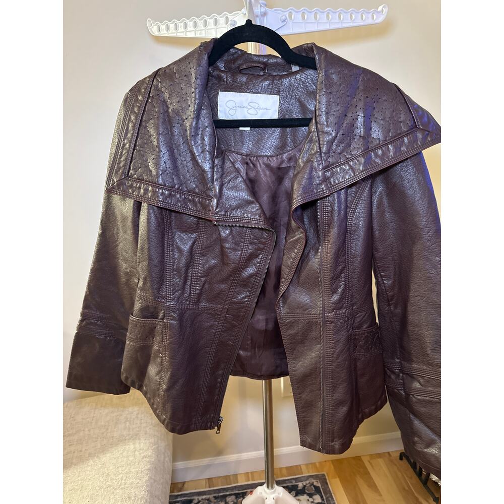 Jessica Simpson Brown Faux Leather Jacket Long Sleeve Moto Zip Women's Size M